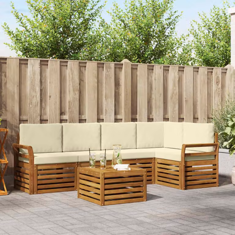 Set di divani da esterno vidaXL a forma di L con tavolo da caffè, 6 pezzi, in legno di acacia e tessuto beige e bianco resistente ai raggi UV