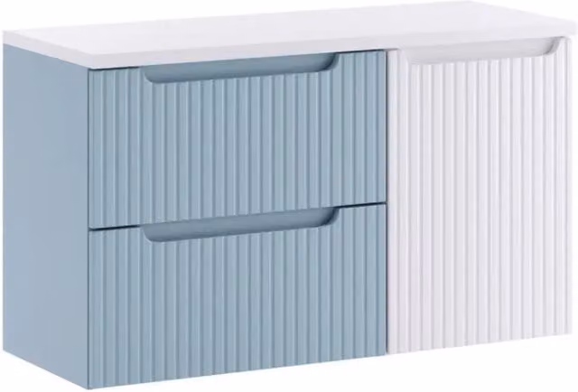 Set VANO blu denim e bianco 100cm: mobile sottolavabo con cassetti e cesto per la biancheria integrato + piano per lavabo