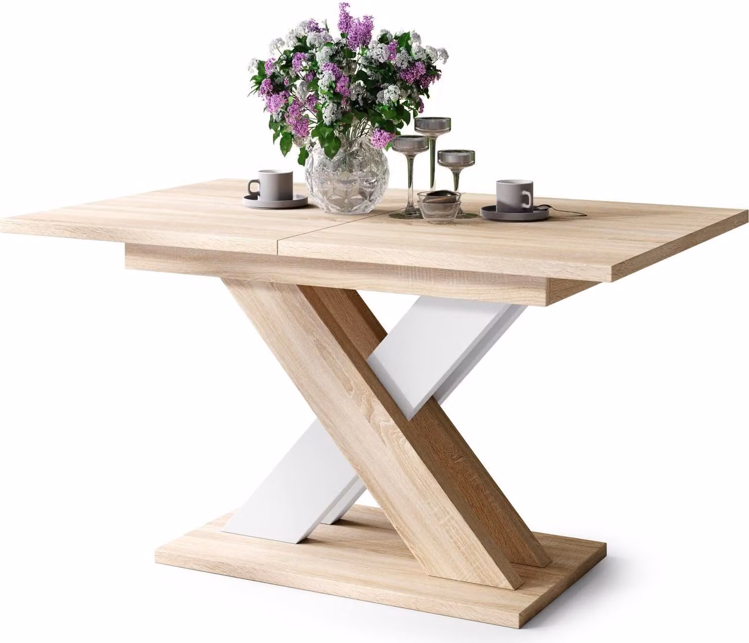 Tavolino All4All Katris, tavolino da soggiorno, tavolino da caffè, tavolo con gambe a forma di "X", estendibile, tavolo da pranzo, coffee table, 140x90 cm, rovere Sonoma e bianco