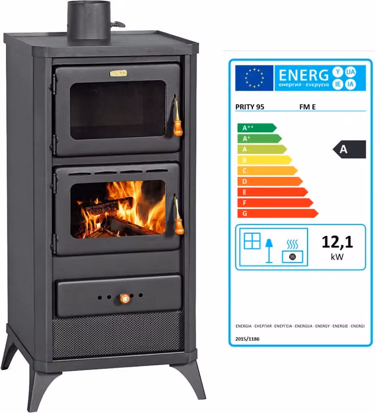 Stufa a legna Prity FM E – 12,1 kW, con forno, per riscaldamento e cottura – Classe A