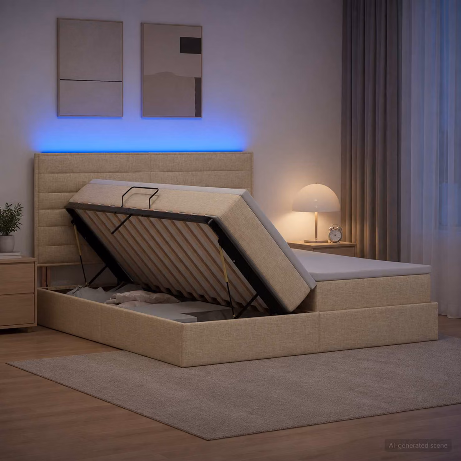 Letto con contenitore e materasso vidaXL con illuminazione LED, colore beige, L 180 x P 200 cm