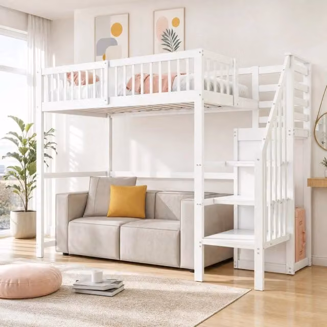 Letto a soppalco per bambini 90x200 cm in legno bianco con scala, armadio e mensola portaoggetti