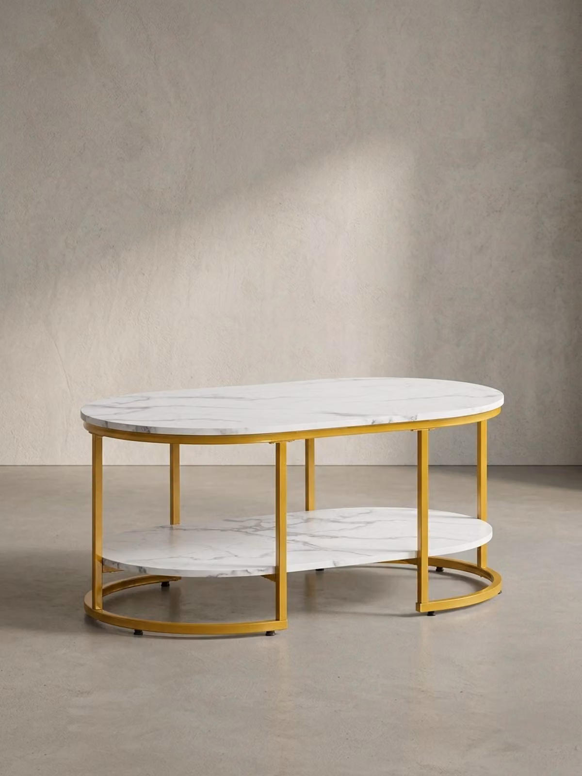 Tavolino da salotto 100x60x45 cm bianco con effetto marmo, tavolo da salotto di design rettangolare, tavolino da salotto con ripiano, tavolino da caffè moderno con struttura in metallo dorato