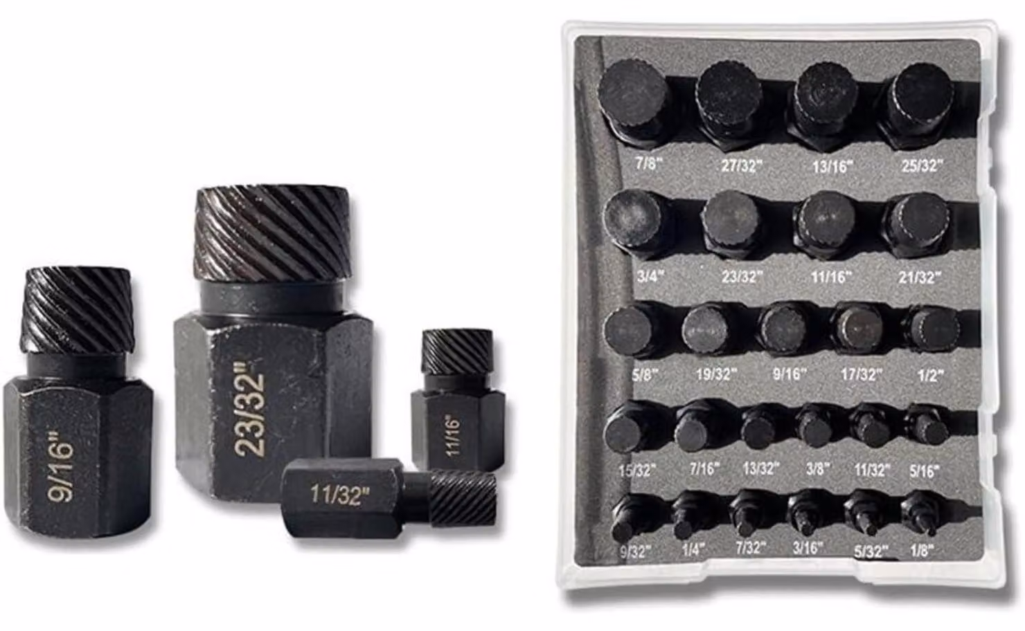 Set di 25 estrattori per viti, realizzati in acciaio Cr-Mo, con testa esagonale, da 1/8" a 7/8", fornito in custodia