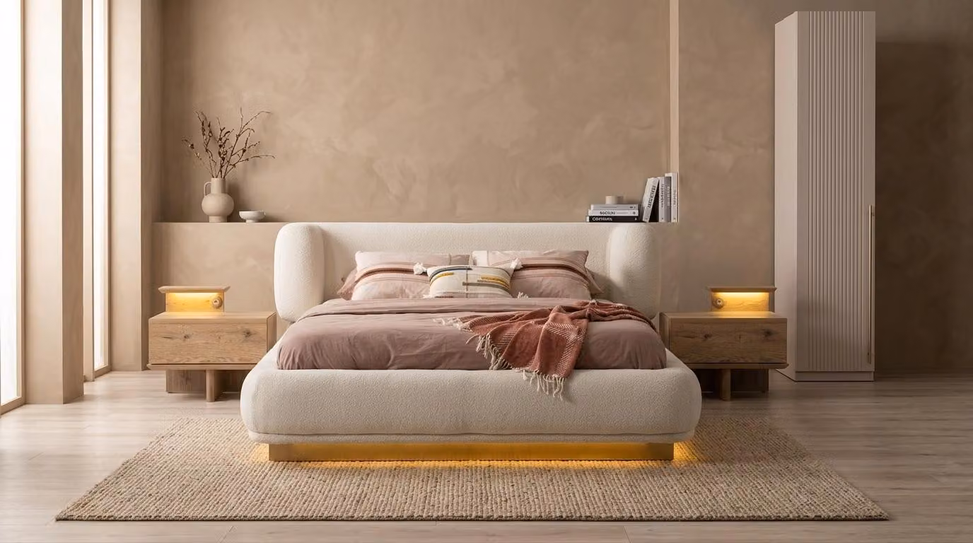Bett con 2 comodini, mobiletto singolo, camera da letto moderna, colore beige, design delicato