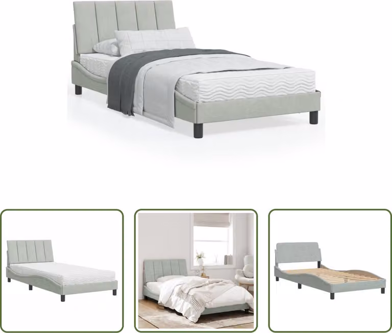 The Living Store Letto con materasso grigio chiaro 100x200 cm in velluto