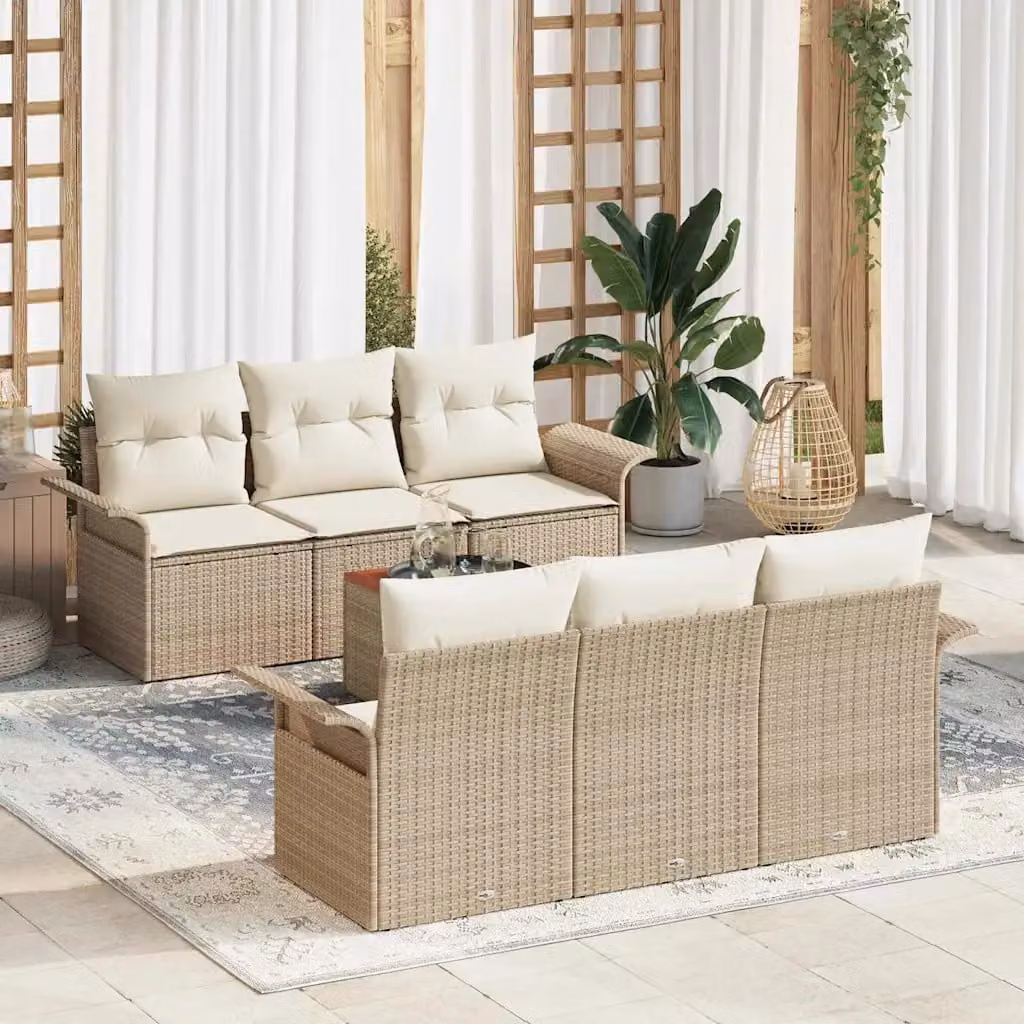 Set Divano da Giardino vidaXL 7 Pezzi Beige e Crema con Cuscini e Tavolino da Caffè – 1