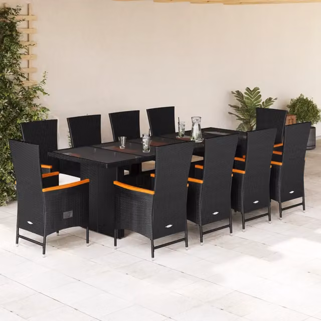 Set da pranzo da giardino vidaXL in polyrattan e legno di acacia con piano in vetro, 11 pezzi, nero e bianco
