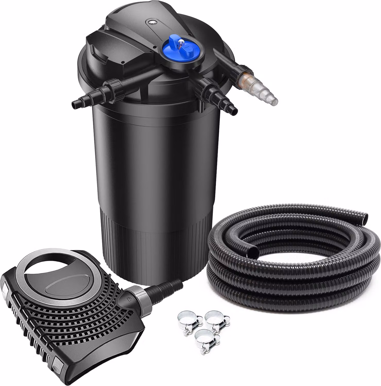 Set completo SunSun: filtro a pressione per laghetti CPA-15000 fino a 30000 L con chiarificatore UV-C da 18 watt, pompa per laghetti NEO6000 SuperEco 6000l/h 40W, tubo per laghetti da 5 m 38 mm (1 1/2"), fascette stringitubo W1 44-47mm