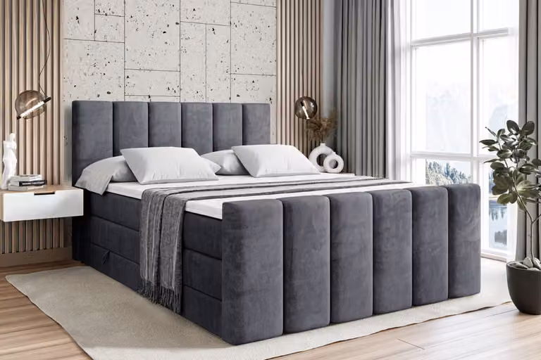 Letto boxspring ALTDECOR con pediera, 2 materassi e topper - 180x200 cm - BOXI1-Z KING - Velluto grigio scuro - Letto imbottito con materassi H3 e H4, contenitore e rete a doghe, letto con spazio contenitivo