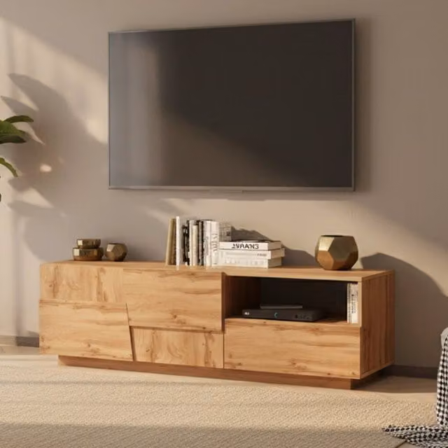 Mobile porta TV Cecia DMORA, Credenza bassa da soggiorno moderna in legno rovere con 2 ante e 1 cassetto, L: 150 cm, P: 44 cm, H: 46 cm – 1