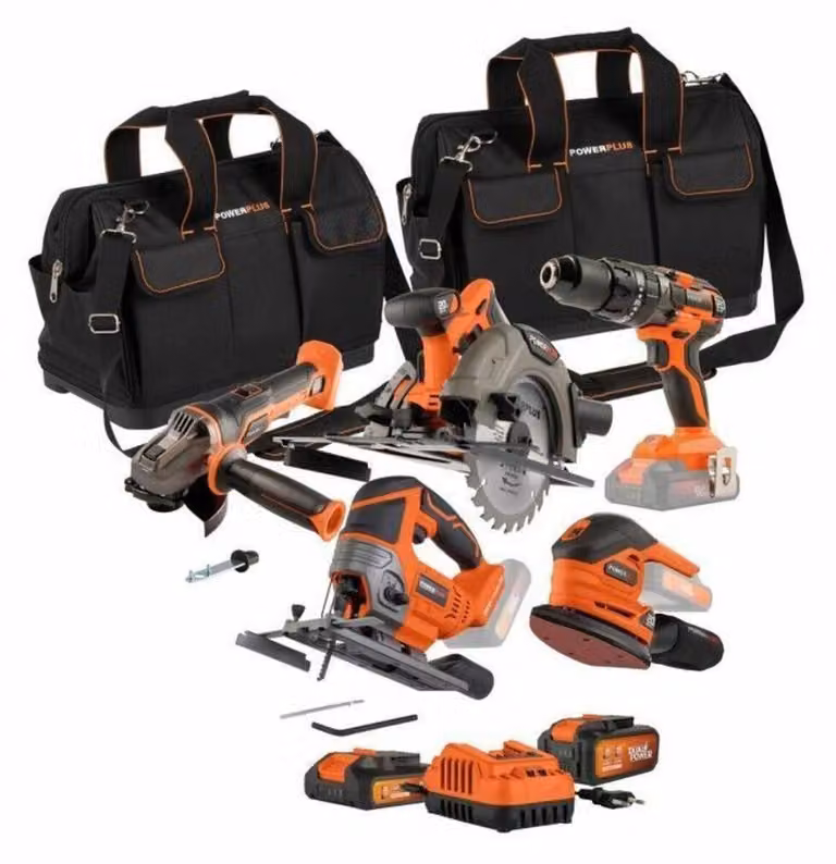 4-Tool Pack - DUAL POWER - 20 V - Drill/screwdriver + angle grinder + hand sander + circular saw - 2 batteries