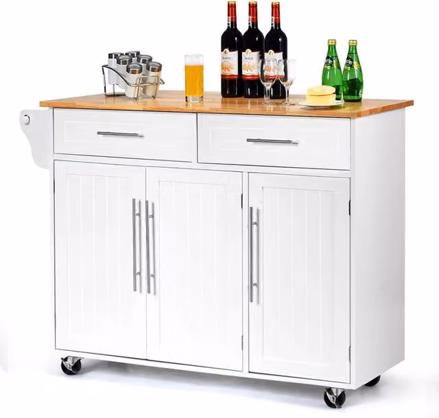 Carrello da cucina moderno Costway in legno di gomma bianco con ruote e maniglia L/P/H: 122 x 46 x 92,3 cm