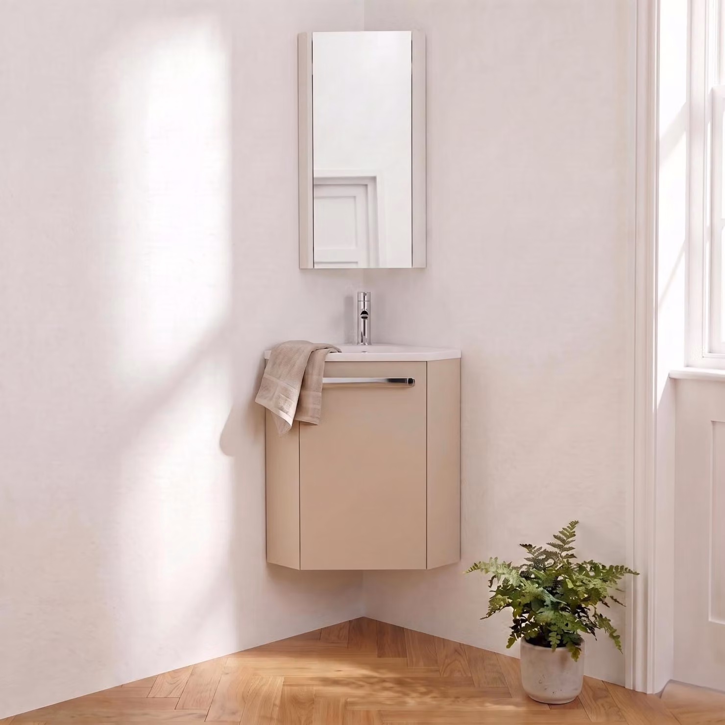 Set lavabo angolare sospeso SKINO con rubinetto e mobile angolare