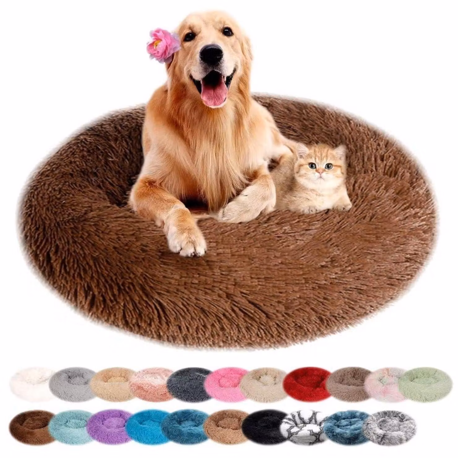Cuccia per cani, rotonda, in peluche, lavabile, antiscivolo, marrone, 110 cm