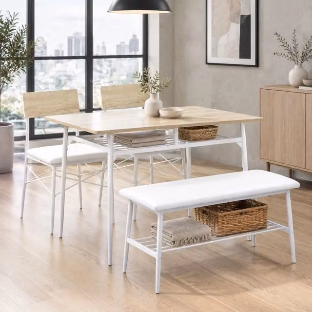 Set da pranzo 4 pezzi con tavolo 110x70 cm, 2 sedie e panca in legno di quercia, con ripiani salvaspazio