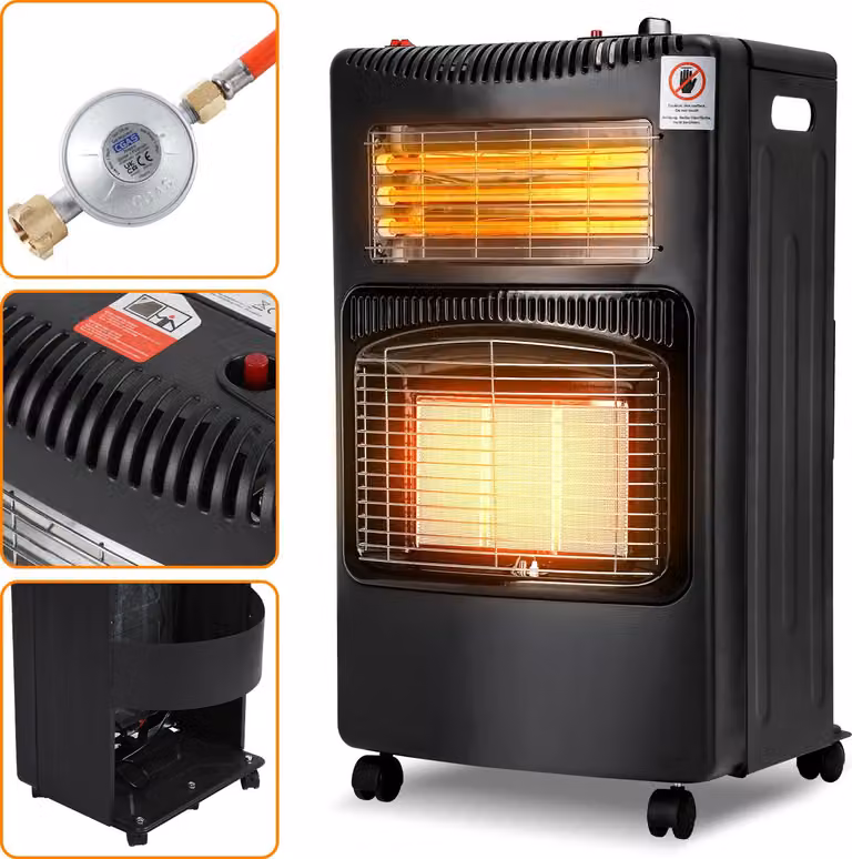 Ikodm, riscaldatore 2-in-1 a gas ed elettrico, 4200W/1200W, con elementi riscaldanti in Vetroceramica e quarzo, 3 livelli di potenza a gas, sistema di accensione elettronica (ODS), dotato di 4 ruote