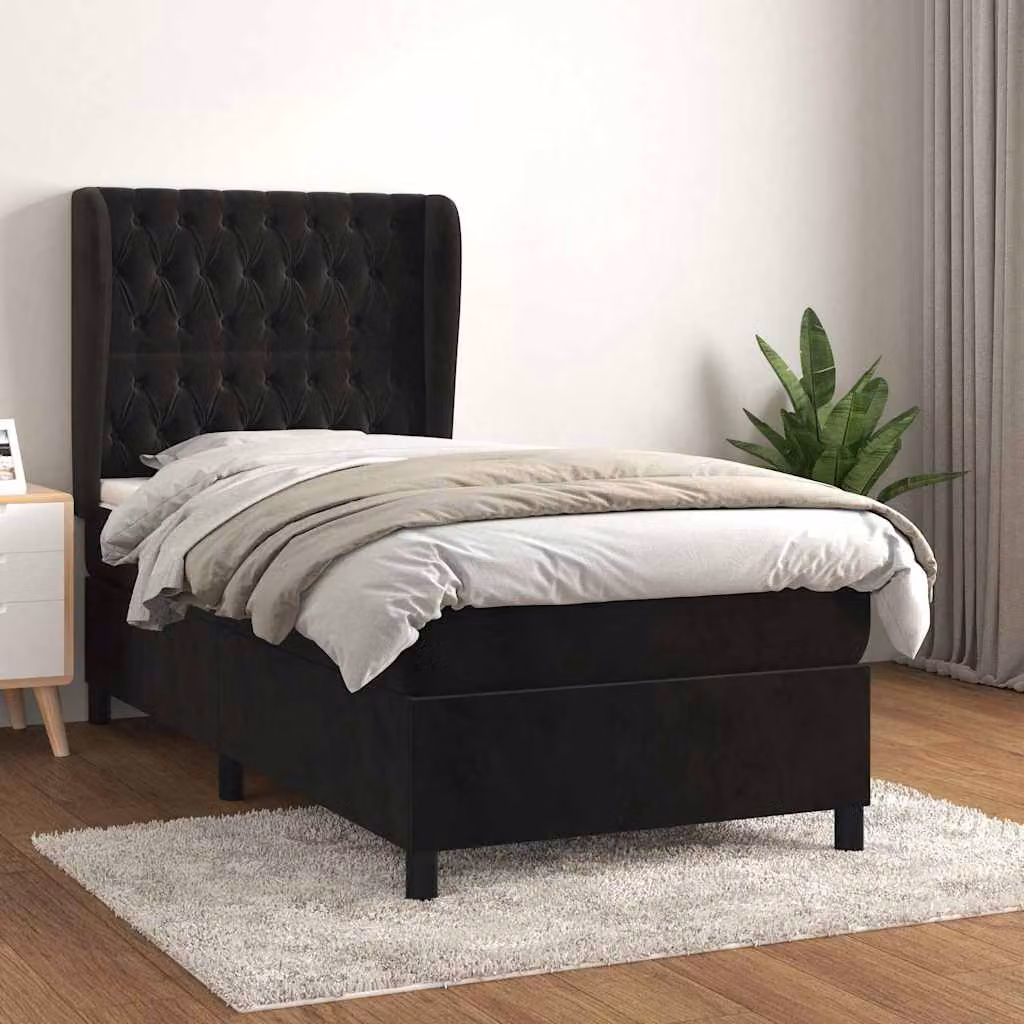 vidaXL Giroletto a Molle con Materasso Ibrido in Velluto Nero L/P/H: 90 x 190 cm – 1