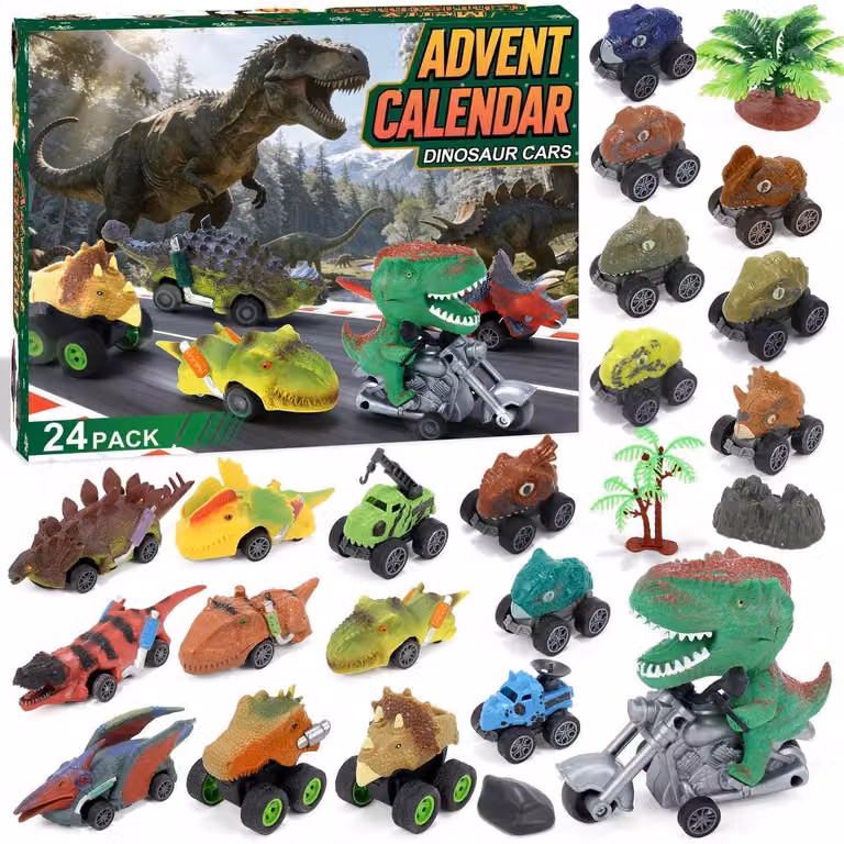 Calendario dell'Avvento a tema dinosauri, macchinine, anno 2026, per bambini, ragazzi e ragazze, 24 giorni, con camion mostruosi e macchinine, colore verde