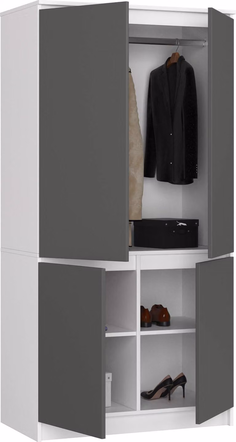 Armadio S90 da 90 cm, guardaroba a 4 ante, 4 scomparti, altezza 180 cm, profondità 51 cm, CLP