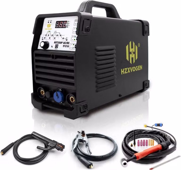 Saldatrice TIG AC/DC, potenza di uscita 200A, display digitale, design compatto. Modello HVT250P, compatibile con corrente alternata/continua, spina EU da 220V