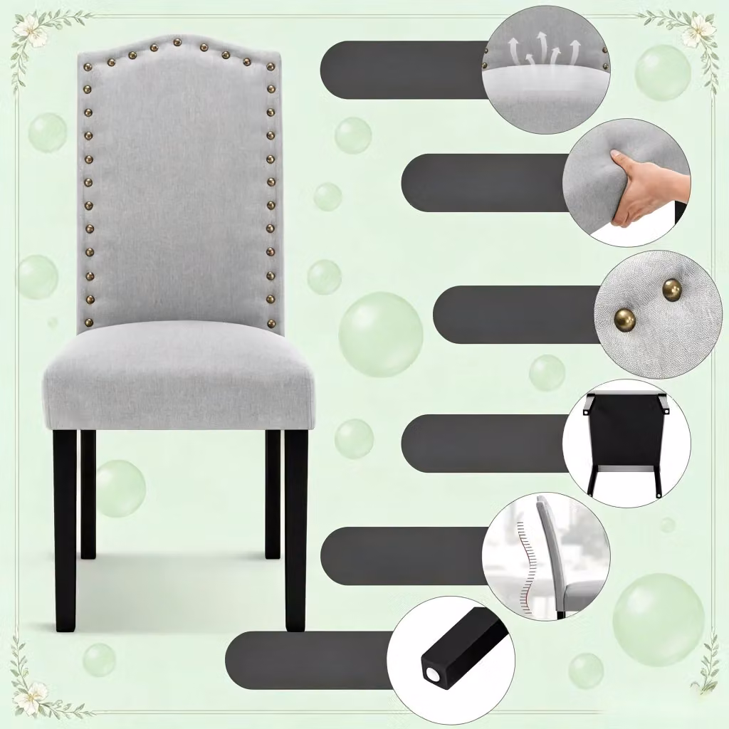 Set di 2 sedie da pranzo moderne WISHDOR in lino e legno massiccio con schienale alto ergonomico, colore grigio chiaro – 2