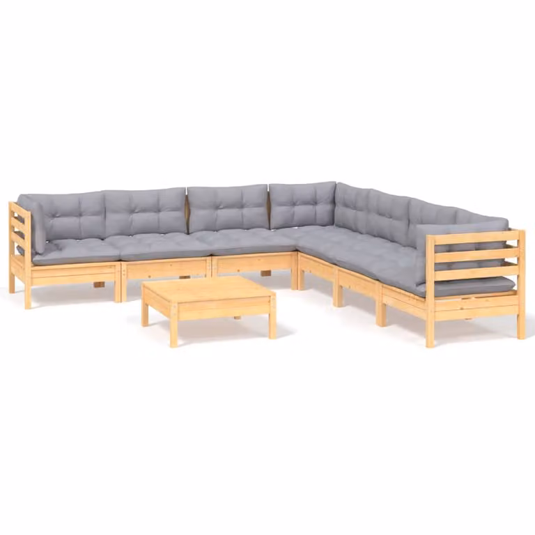 Set Divani da Giardino 8 pz con Cuscini Grigi Massello di Pino