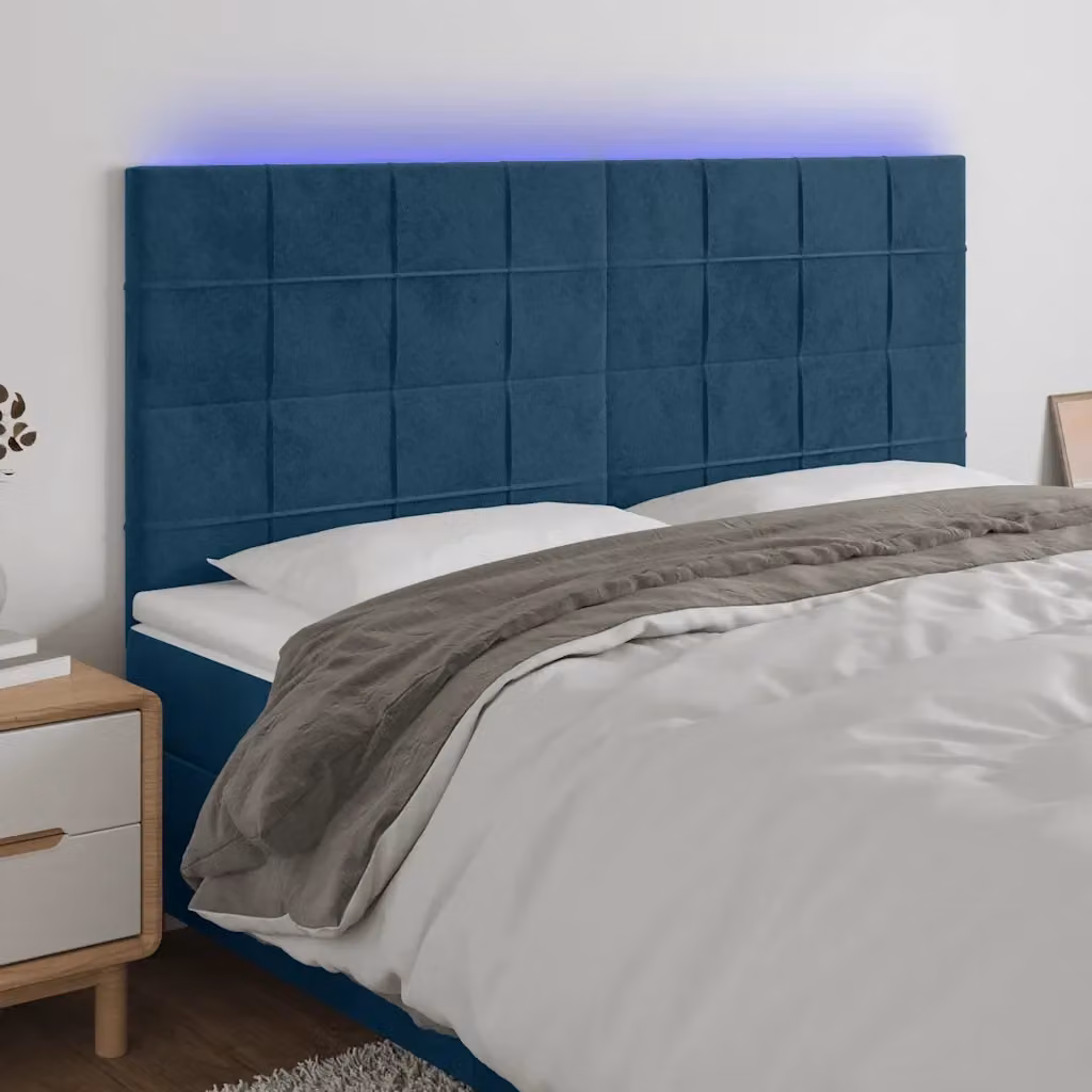 Testata del letto in velluto blu scuro con illuminazione LED integrata e porta di ricarica USB L/P/H: 180 x 5 x 118/128 cm – 2
