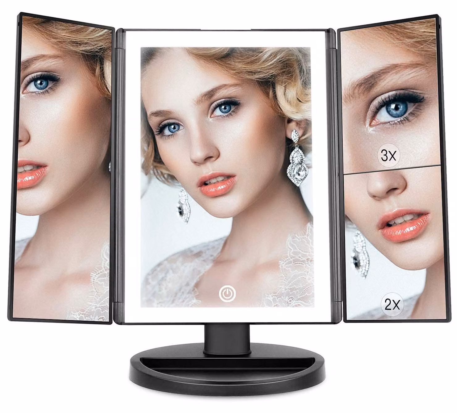 Specchio da trucco WEILY, specchio cosmetico pieghevole triplo con ingrandimento 2X/3X, 36 luci LED e due modalità di alimentazione, specchio cosmetico da tavolo