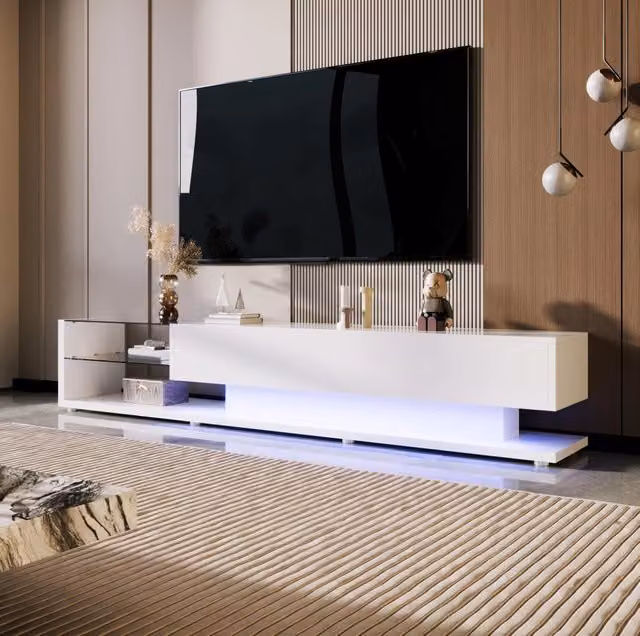 Mobile TV moderno bianco lucido 170 x 36 x 38 cm con LED; 2 cassetti e ripiani in vetro