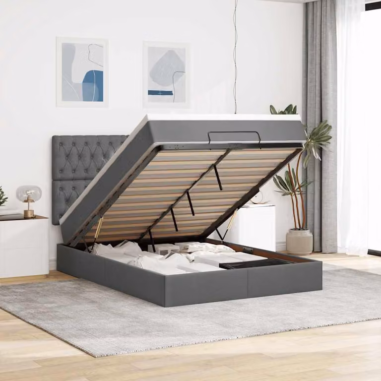 Letto con contenitore contenitore a sollevamento e materasso vidaXL in tessuto grigio e bianco, L: 140 cm, P: 190 cm, H: 128 cm