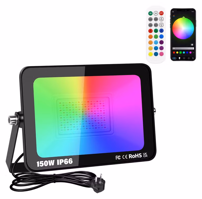 Faro a LED RGB da 150 W, 15.000 lumen, dimmerabile, grado di protezione IP66, controllo tramite app