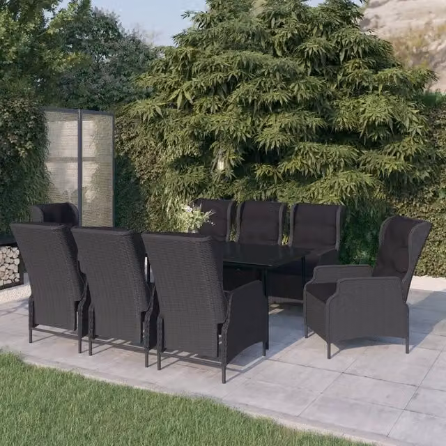 Set da pranzo da giardino moderno vidaXL in metallo e vetro, 9 pezzi, Grigio e Nero – 1