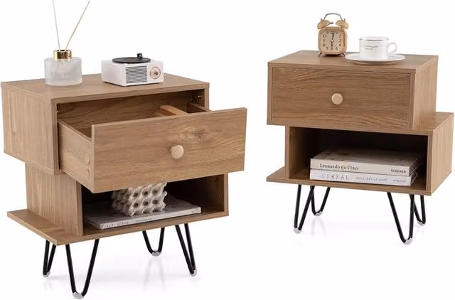 Set di 2 comodini mid-century con cassetto rimovibile e scomparto aperto, gambe in metallo, colore naturale beige e marrone