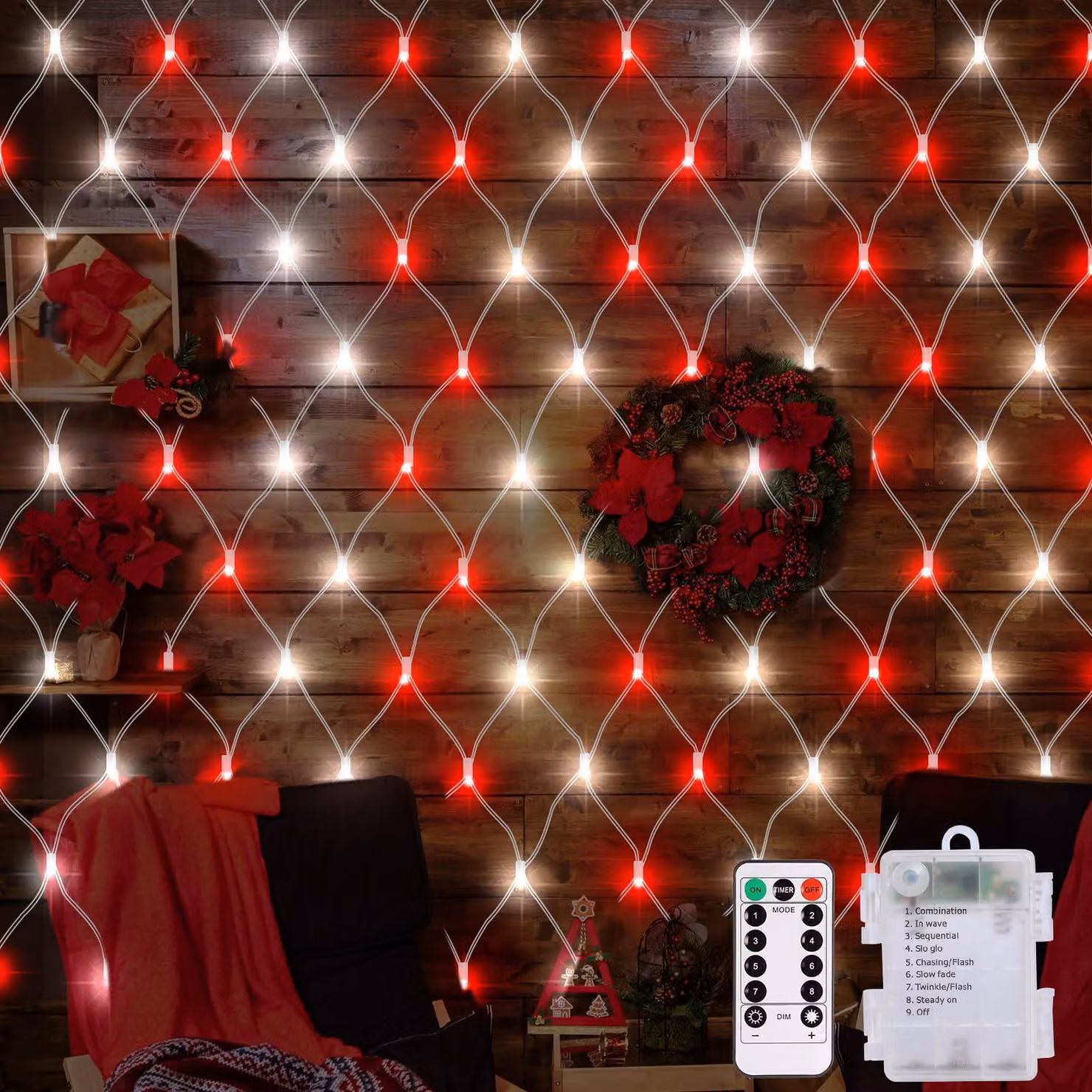 Rete luminosa a LED, dimensioni 1,5x1,5 metri, colore rosso e bianco, con telecomando