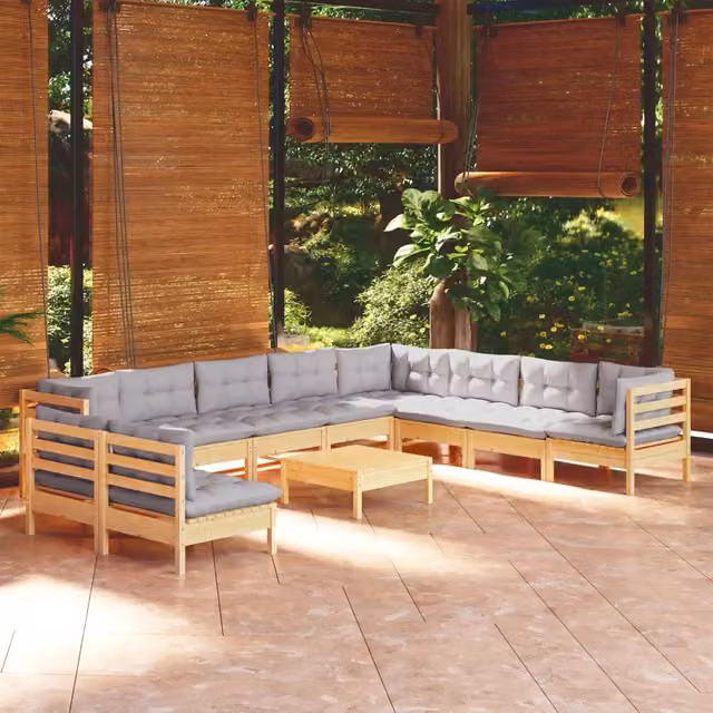 Set Divani da Giardino 11 pz con Cuscini Grigi Massello di Pino 3096844