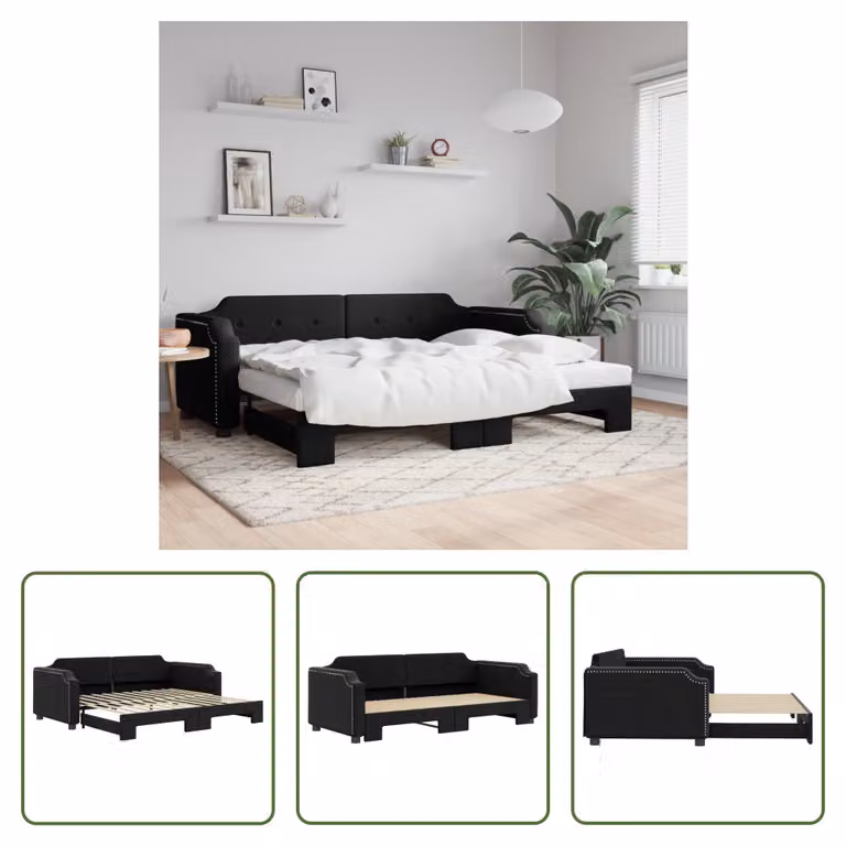 The Living Store letto da giorno allungabile nero 100x200 cm in tessuto