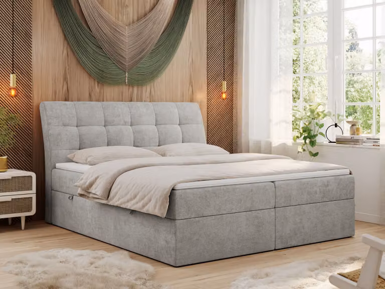 Letto boxspring 180x200 con materasso, letto con materasso Multipocket - H4 e topper, letto imbottito 180x200 con contenitore e testiera, DIEGOS - 180x200 - Grigio chiaro - Struttura - H4