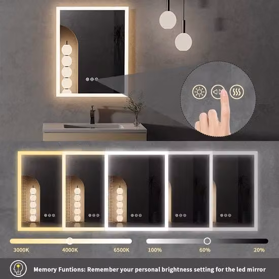 Specchio Bagno a LED - Anti-Fog - Montaggio alla Parete - Specchio Trucco - Tasto Sensibile - Funzione di Ricordo - Design Moderno - 40 x 50 cm
