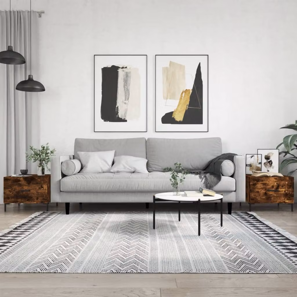 Set di 2 tavolini da salotto vidaXL in legno multistrato e metallo, colore rovere fumo e bianco, design moderno a incastro, L/P/H: 50 x 50 x 40 cm