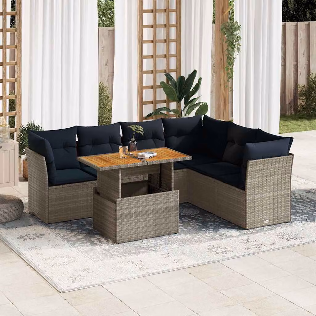 Set Divani da Giardino vidaXL 7 Pezzi a Forma di L con Tavolino e Cuscini, Polyrattan e Legno di Acacia, Grigio e Blu
