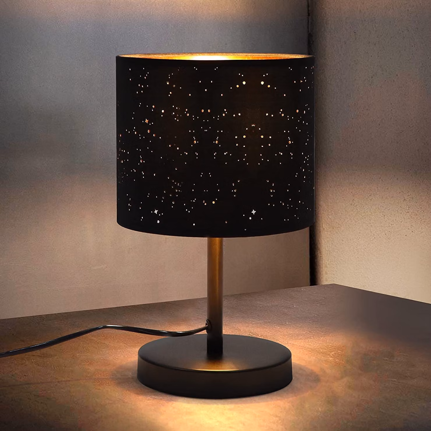 ZMH lampada da tavolo lampada da comodino in stile country in tessuto - attacco E27 lampada da tavolo vintage soggiorno star design paralume retrò nero oro