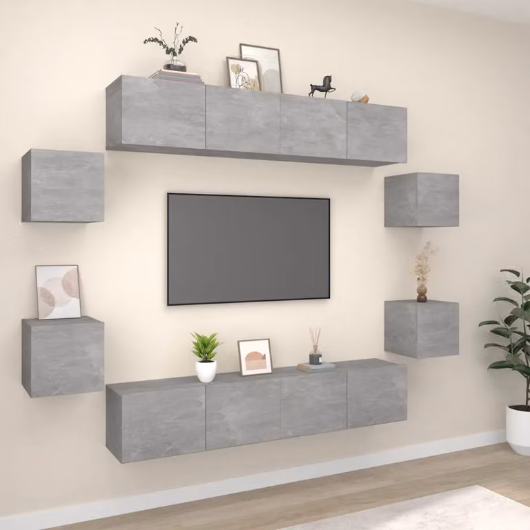 Set di mobili porta TV vidaXL da 8 pezzi in legno e MDF, colore grigio cemento, design moderno da appendere alla parete per il tuo soggiorno, L/P/H: 80 x 30 x 30 cm