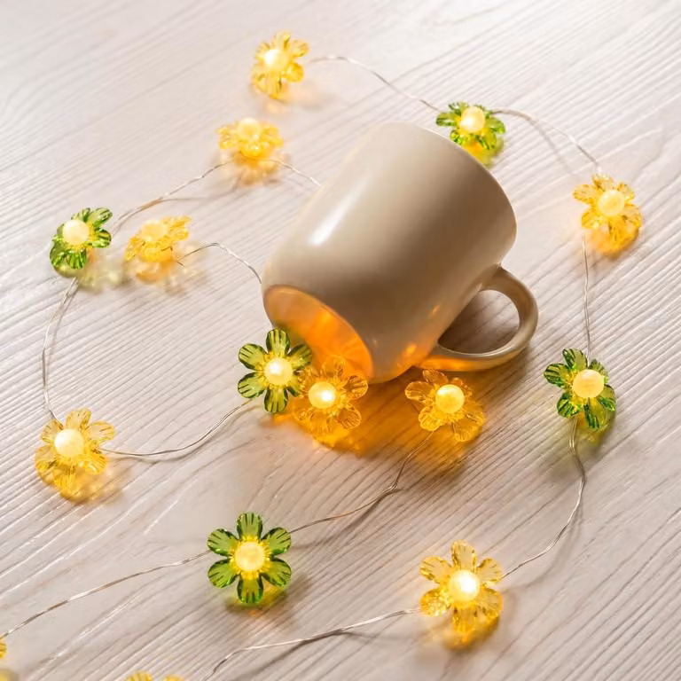 Catena luminosa a forma di fiori, 2 metri, 20 LED, alimentata a batteria, luce bianco caldo