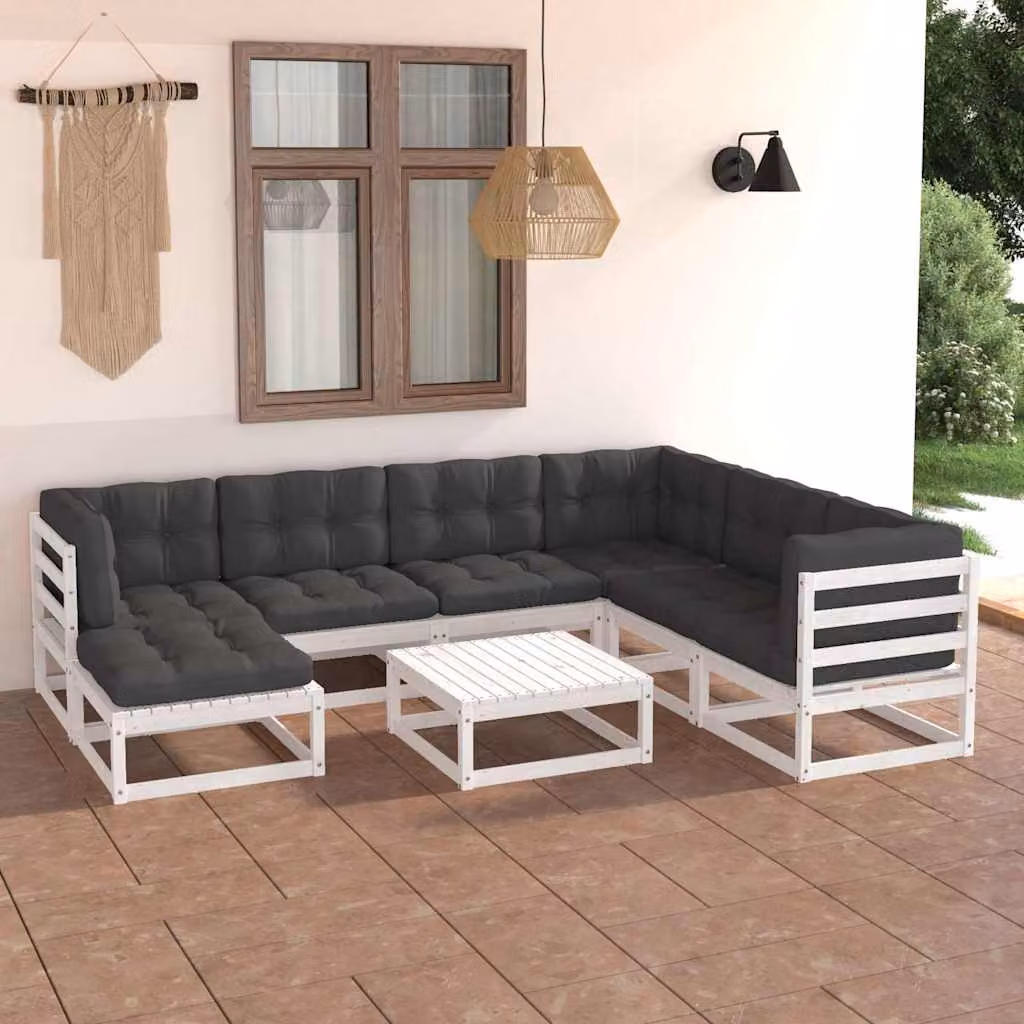 Set Salotto da Giardino vidaXL in Legno di Pino Massello con 8 Cuscini Antracite e Bianco