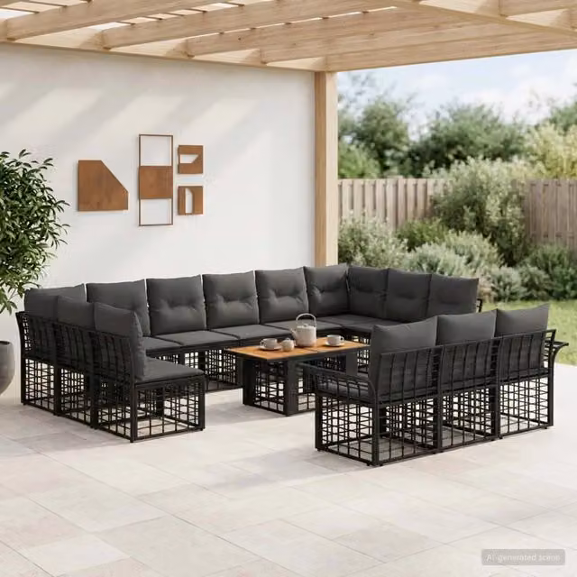 Set Divano da Giardino Moderno vidaXL a Forma di L con Tavolino, 14 Pezzi, Nero e Grigio