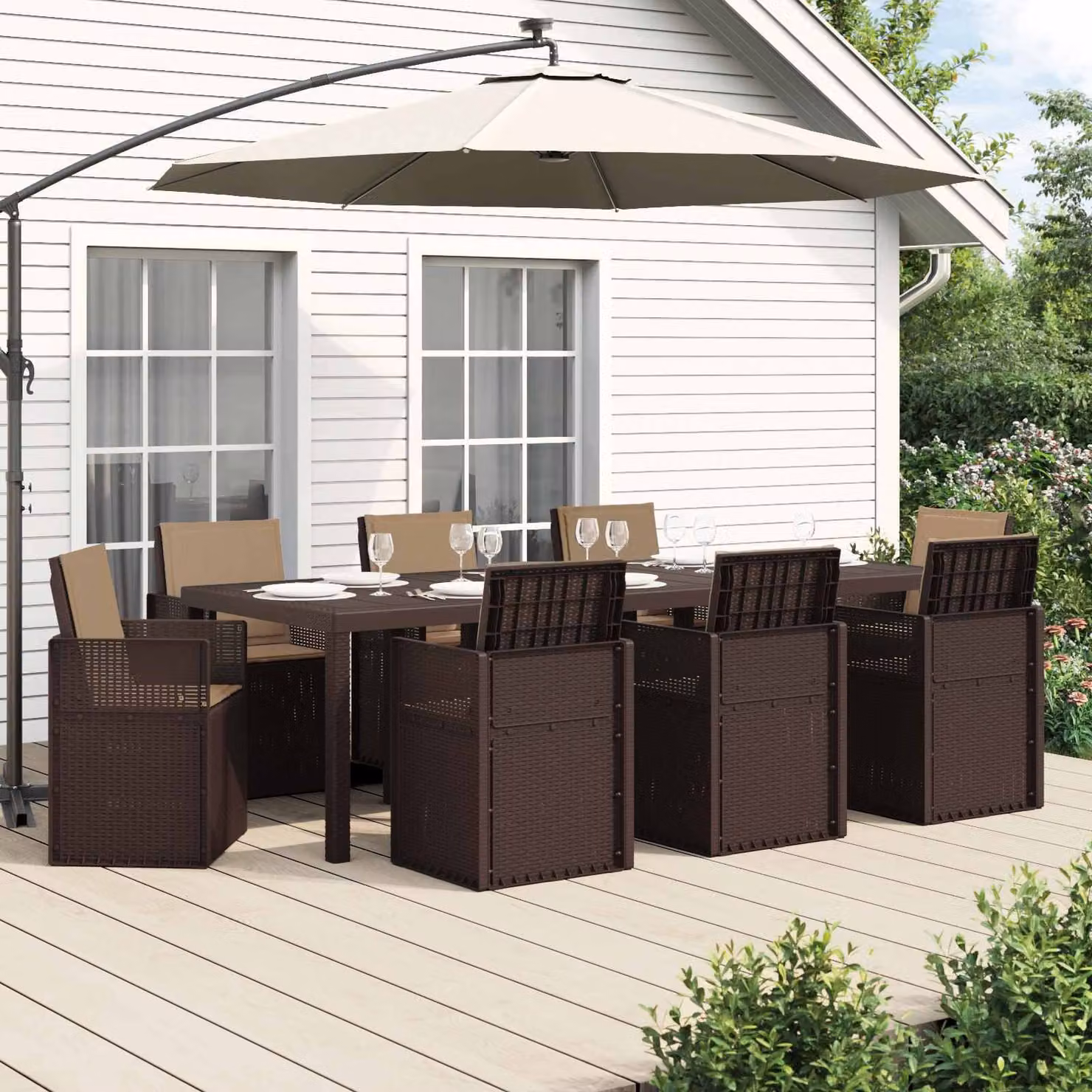 Set da pranzo per giardino e terrazzo vidaXL in plastica da 9 pezzi, marrone e beige