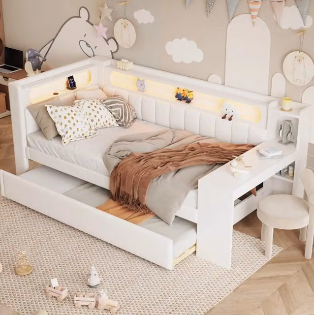 Letto Giorno Imbottito 90x200 cm con Letto Estraibile, Porta USB, Illuminazione LED e Scrivania Integrata, Bianco