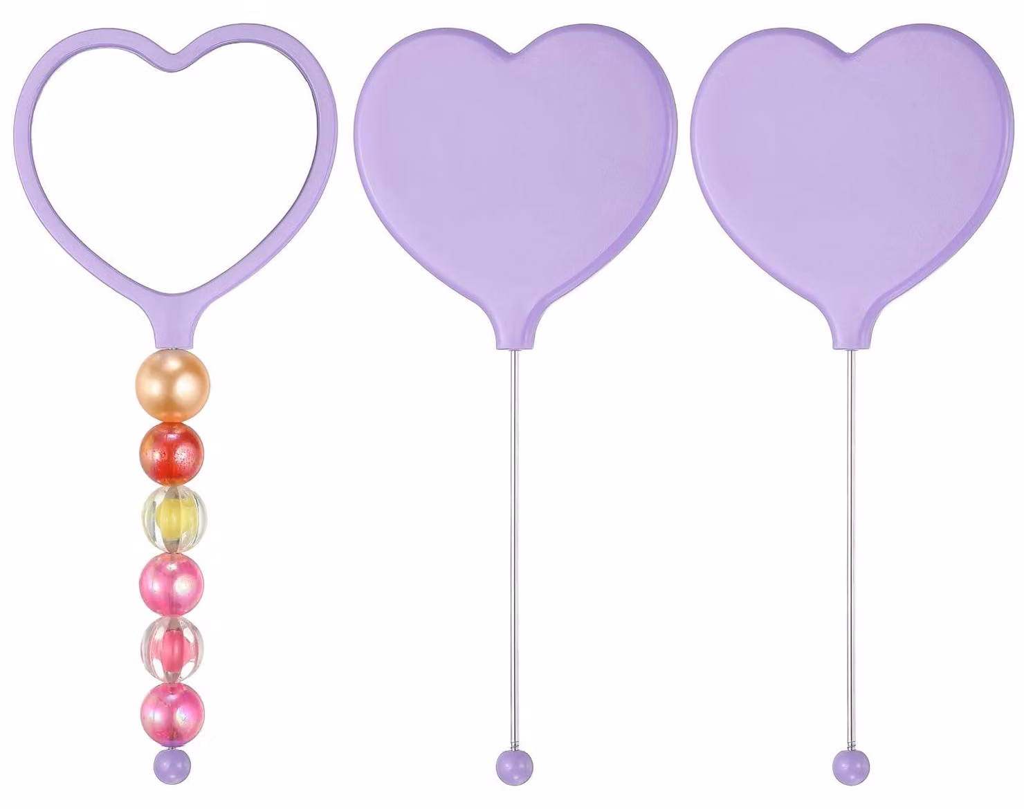 3 specchi con decorazioni a perle, maniglia a forma di cuore, 16,3 cm, rimovibili, color lilla