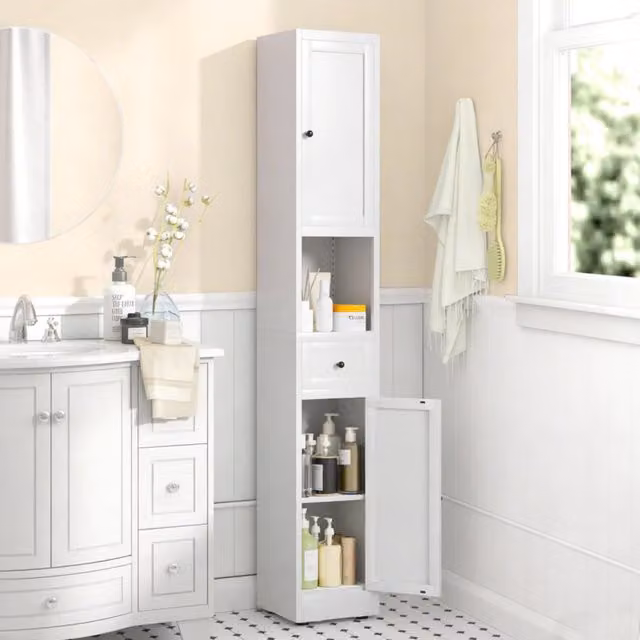 Armadio salvaspazio REDOM in metallo bianco per bagno e cucina con 2 ante e ripiani interni, H: 180,34 cm, L: 30 cm, P: 30 cm